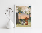 Bear and Raccoon Art Print - Reaching for Honey