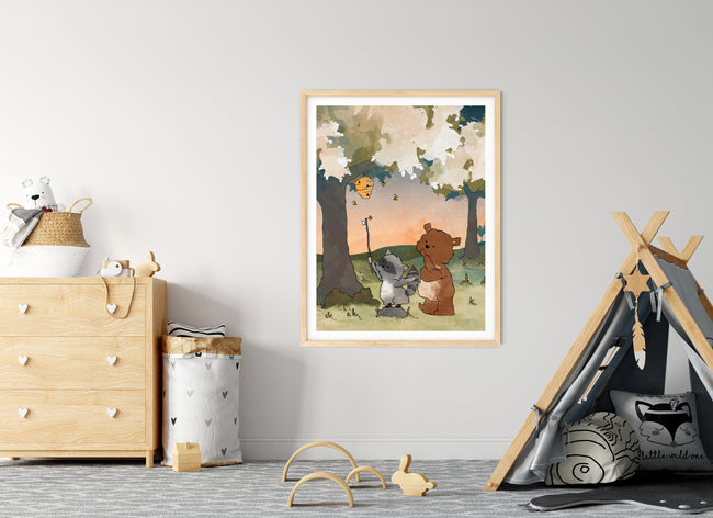 Bear and Raccoon Art Print - Reaching for Honey