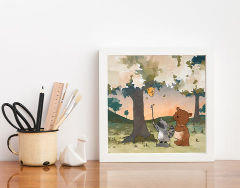 Bear and Raccoon Art Print - Reaching for Honey