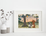 Bear and Raccoon Art Print - Reaching for Honey