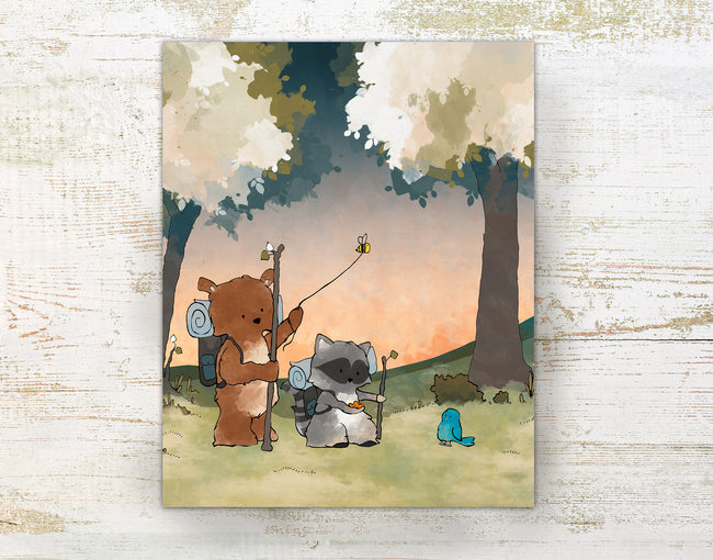 Bear and Raccoon Art Print - Hiking Through the Woods