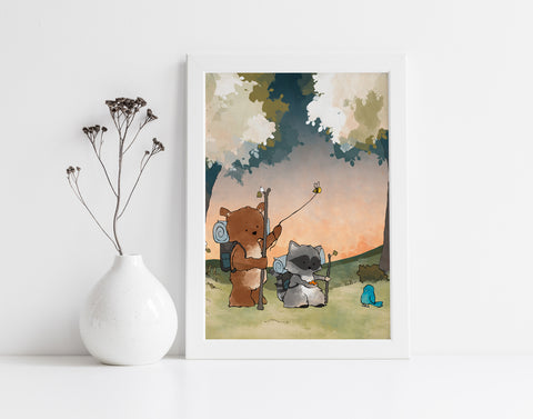 Bear and Raccoon Art Print - Hiking Through the Woods