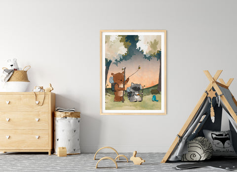 Bear and Raccoon Art Print - Hiking Through the Woods