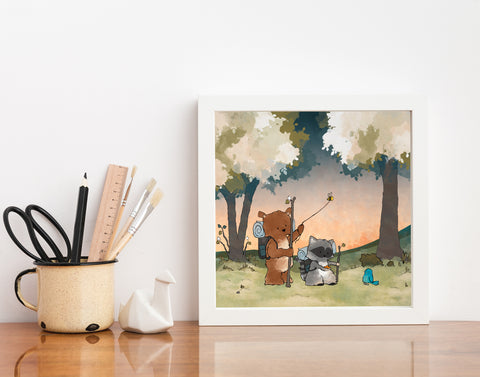 Bear and Raccoon Art Print - Hiking Through the Woods