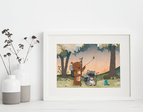 Bear and Raccoon Art Print - Hiking Through the Woods