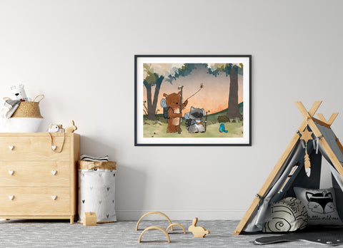 Bear and Raccoon Art Print - Hiking Through the Woods