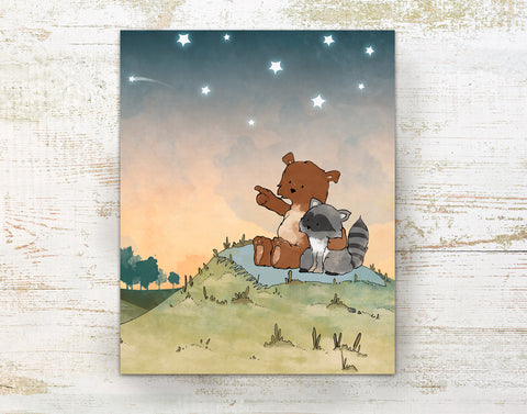 Bear and Raccoon Art Print - Shooting Stars