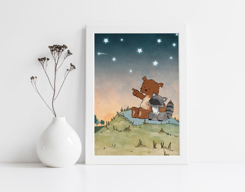 Bear and Raccoon Art Print - Shooting Stars