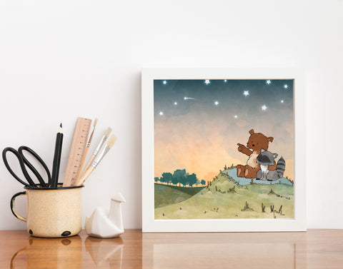 Bear and Raccoon Art Print - Shooting Stars