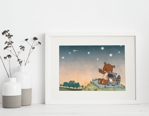 Bear and Raccoon Art Print - Shooting Stars