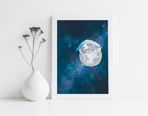 Feather Dragon Art Print - Sleeping on the Moon