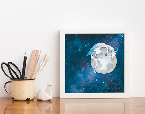 Feather Dragon Art Print - Sleeping on the Moon