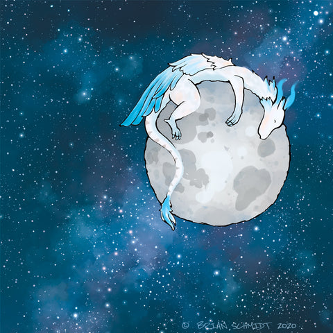Feather Dragon Art Print - Sleeping on the Moon