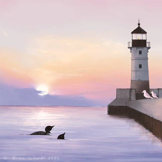 Duluth North Pier Lighthouse Art Print - Lake Birds
