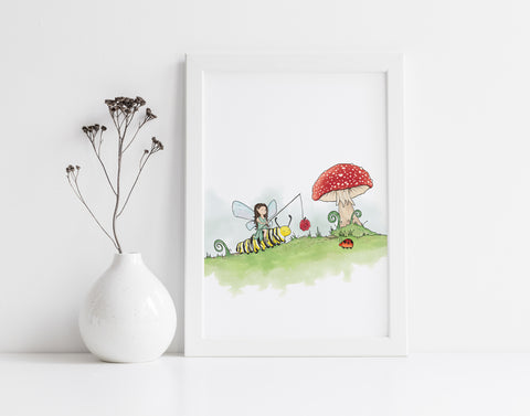 Fairy Art Print - Riding a Caterpillar