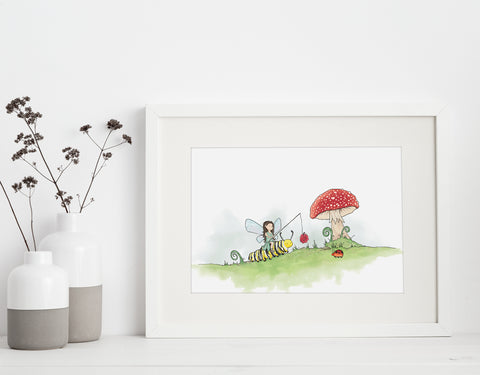 Fairy Art Print - Riding a Caterpillar