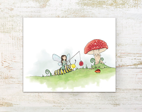 Fairy Art Print - Riding a Caterpillar