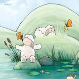 Alpaca & Sheep Art Print - Playing at the Pond