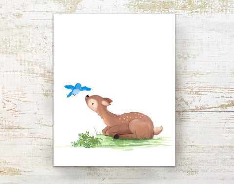 Fawn Art Print - with Bird