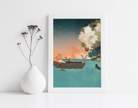 Fox and Rabbit Art Print - Boating