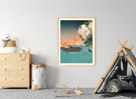 Fox and Rabbit Art Print - Boating