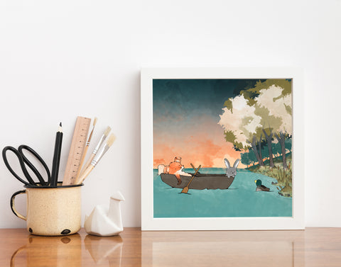 Fox and Rabbit Art Print - Boating