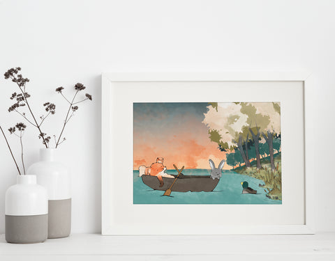 Fox and Rabbit Art Print - Boating