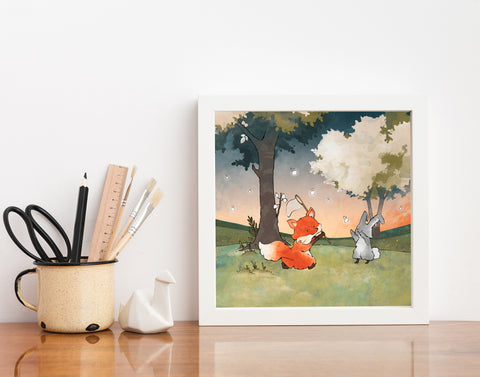 Fox and Rabbit Art Print - Chasing Fireflies