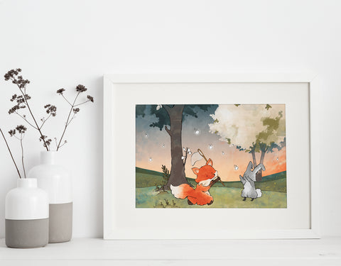 Fox and Rabbit Art Print - Chasing Fireflies