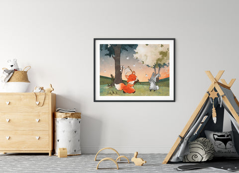 Fox and Rabbit Art Print - Chasing Fireflies