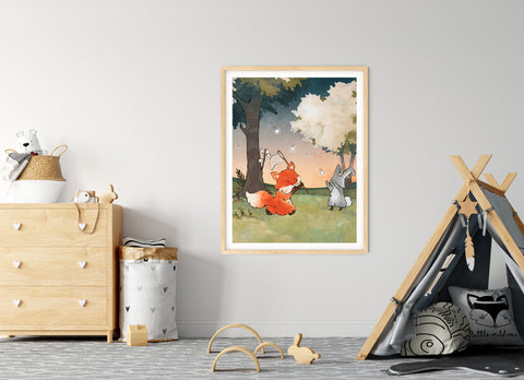 Fox and Rabbit Art Print - Chasing Fireflies