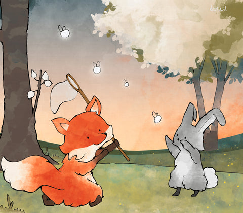 Fox and Rabbit Art Print - Chasing Fireflies