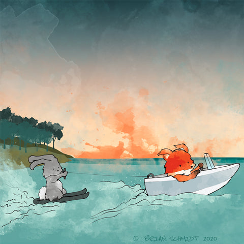 Fox and Rabbit Art Print - Water Skiing