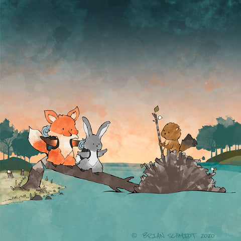 Fox and Rabbit Art Print - Meeting a Friendly Beaver