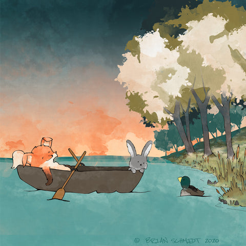 Fox and Rabbit Art Print - Boating