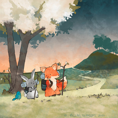 Fox and Rabbit Art Print - Hiking