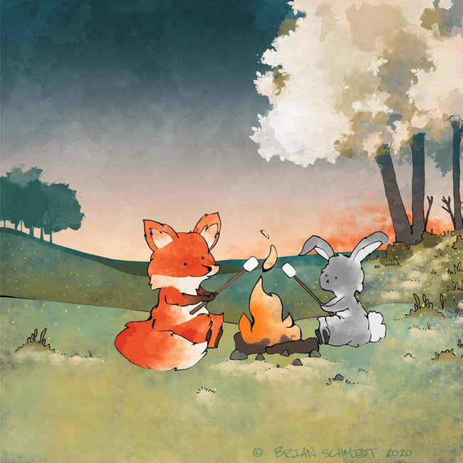 Fox and Rabbit Art Print - Roasting Marshmallows
