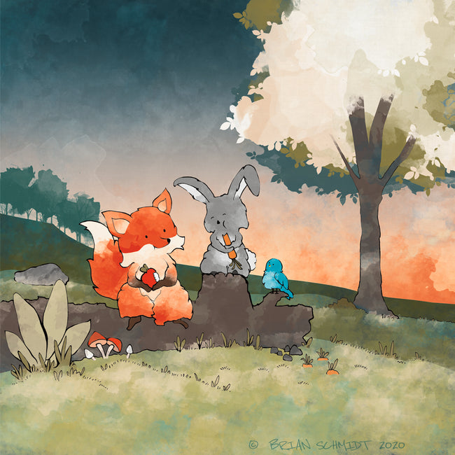 Fox and Rabbit Art Print - Snacking in the Woods