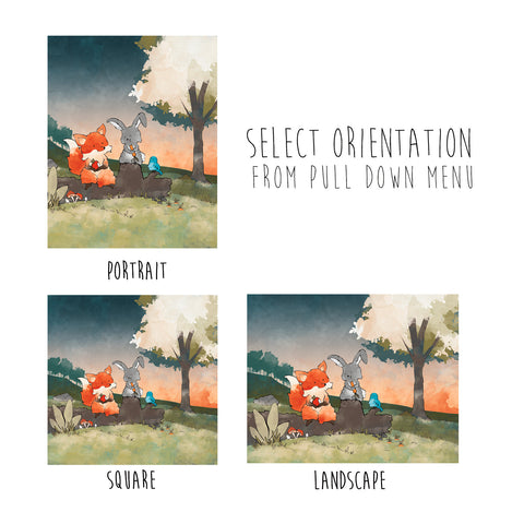 Fox and Rabbit Art Print - Snacking in the Woods