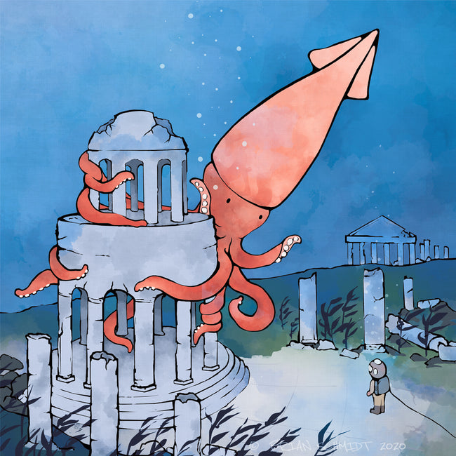 Giant Squid And Ancient Underwater City Art Print Brian Schmidt Artwork giant-squid-and-ancient-underwater-city-art-print-brian-schmidt-artwork