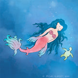 Mermaid Art Print - Swimming with a Sea Turtle