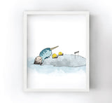 Narwhal and Sea Otters Art Print - Racing Snails