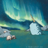 Narwhal and Sea Otters Art Print - Aurora Borealis