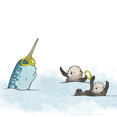Narwhal and Sea Otters Art Print - Playing Hoops