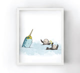 Narwhal and Sea Otters Art Print - Playing Hoops