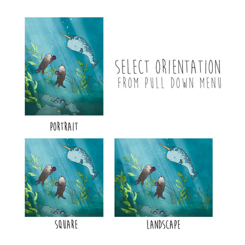 Narwhal and Sea Otters Art Print - Sharing Sea Urchins