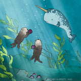 Narwhal and Sea Otters Art Print - Sharing Sea Urchins