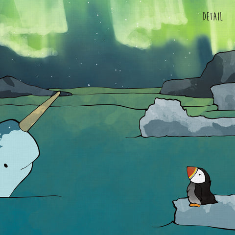 Narwhal & Puffin Art Print - Aurora Borealis