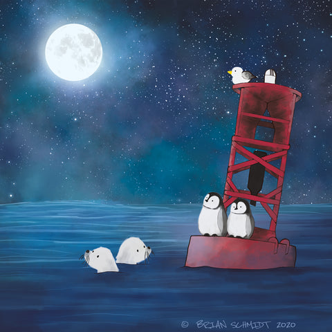 Penguins and Seals Art Print - Resting on a Buoy