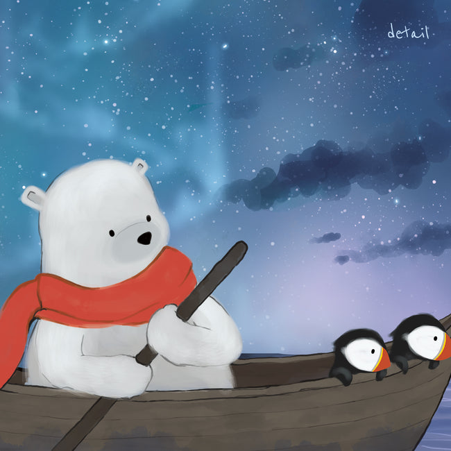 Puffins and Polar Bear Art Print - Sailing Under the Stars
